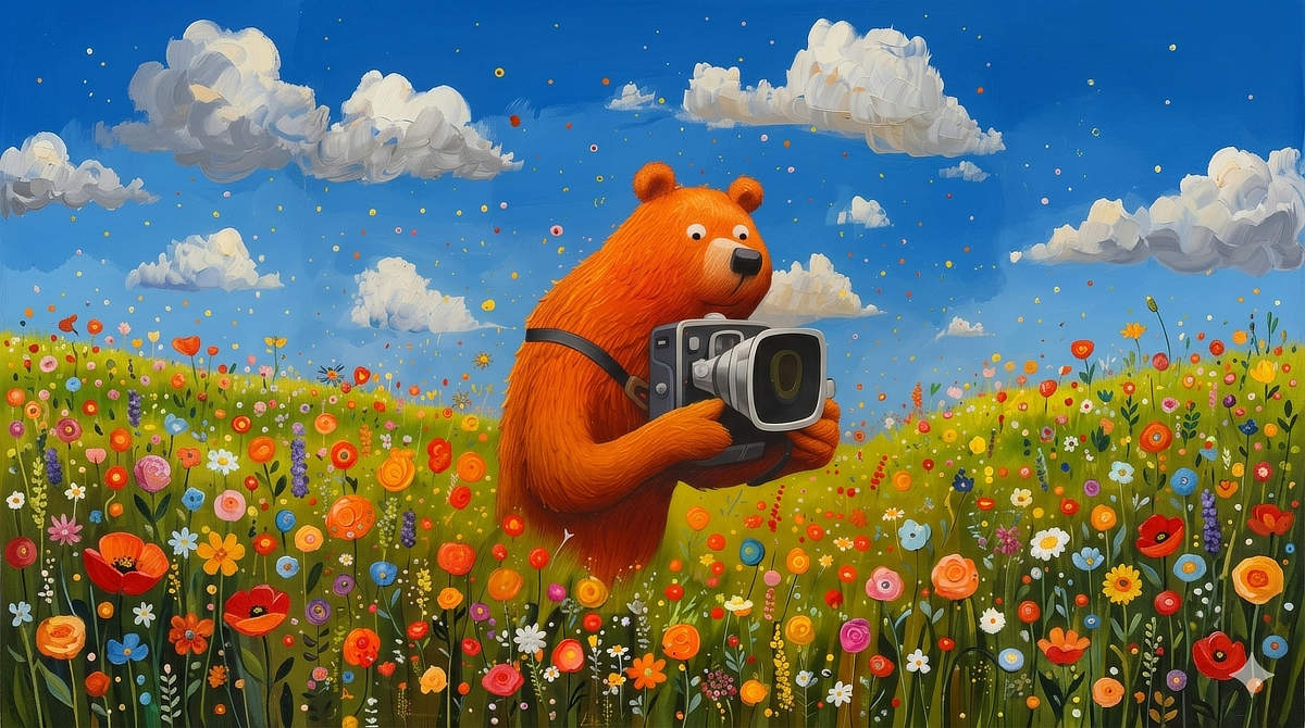 Kolorowy niedźwiedź fotografujący kwiatową łąkę aparatem – ilustracja kursu Epickie Zdjęcia