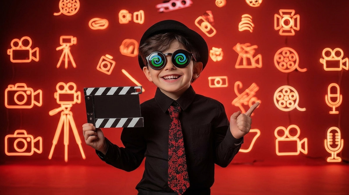 Uśmiechnięty chłopiec z klapsem filmowym na tle ikon kamer podczas kursu filmowego dla dzieci