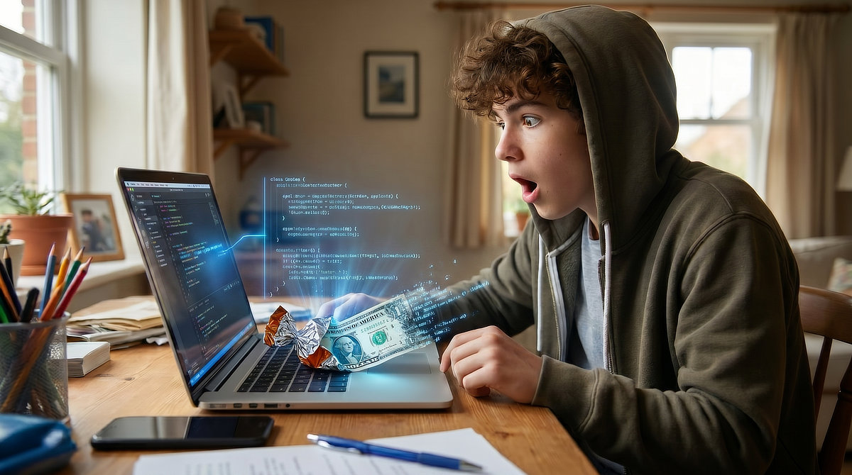 Nastolatek przy laptopie analizujący cyfrową transakcję i kod podczas kursu o kryptowalutach